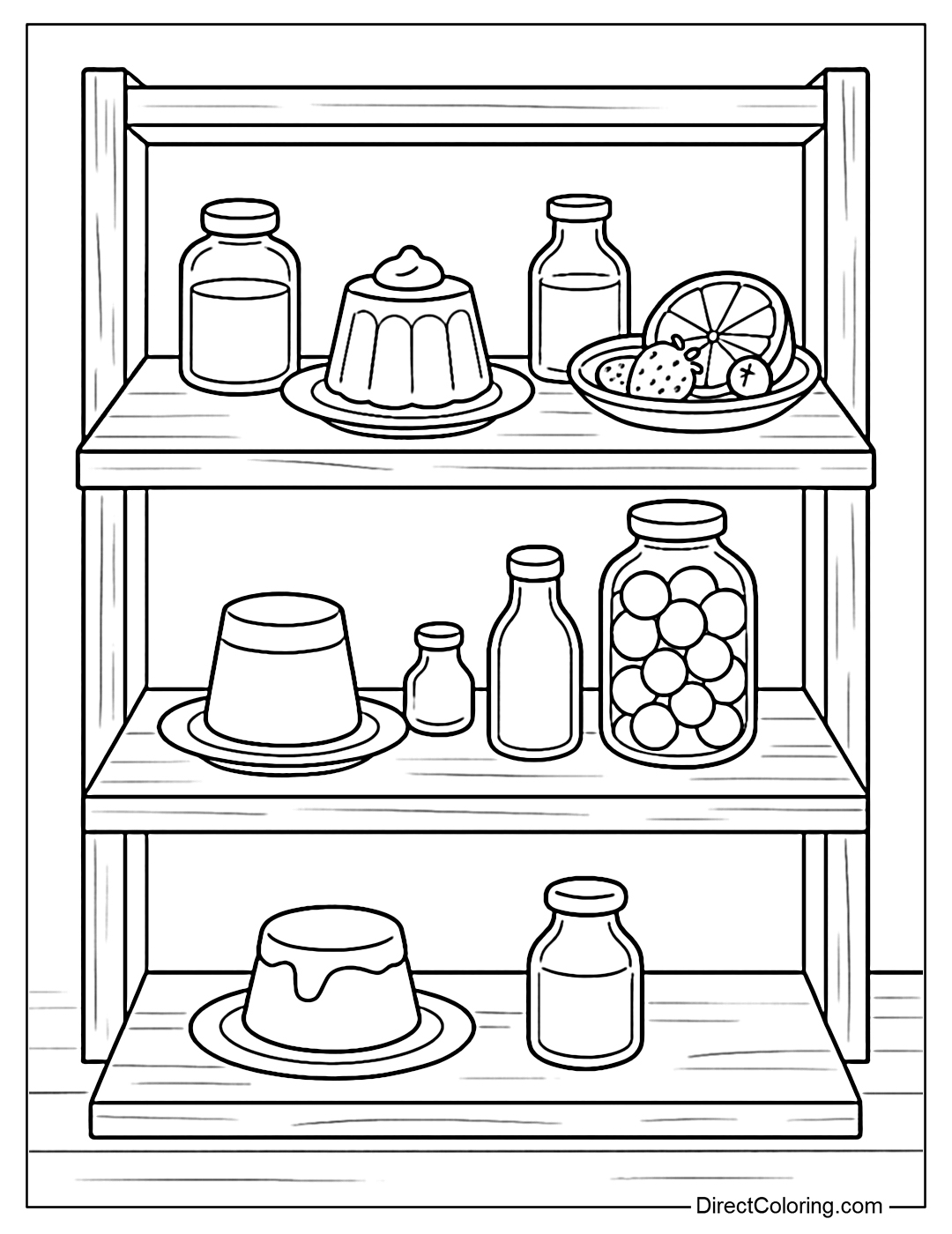 Summer wooden shelf coloring page with mousse cake, caramel flan, sliced ​​fruit and some glass jars
